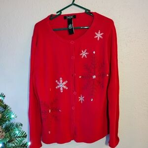 Festive Holiday Red Snowflake Button Sweater